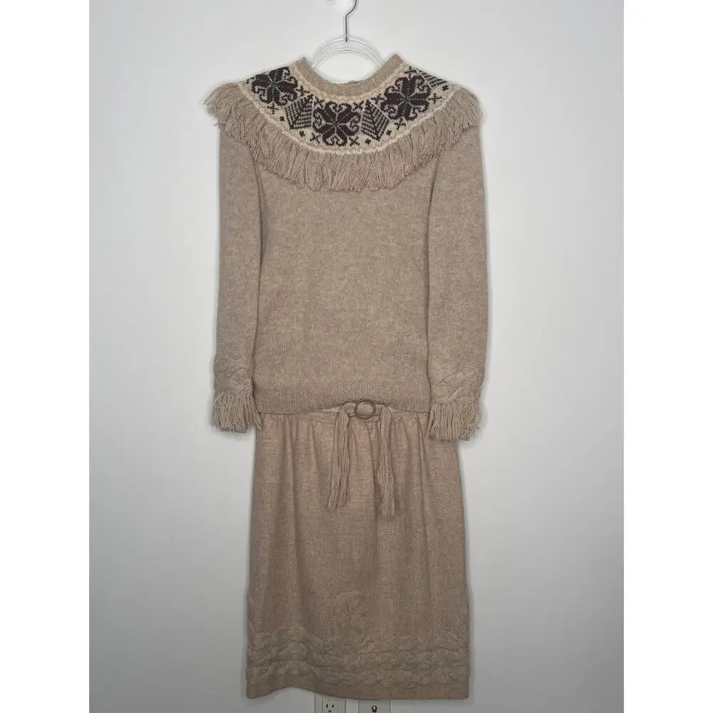 1970s Unbranded Nordic Knit Sweater & Skirt Set w/ Belt medium